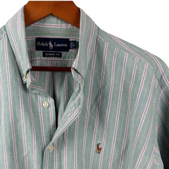 Ralph Lauren Dress shirt Men Large Green Purple Stripe - MultiPony Cotton Button - Picture 1 of 6